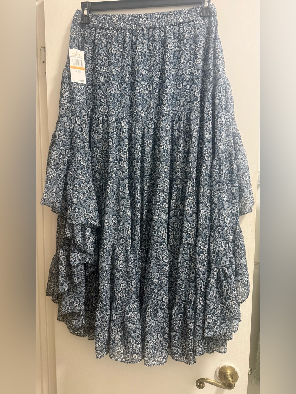 Michael Kors Navy and White Floral Tiered Maxi Skirt